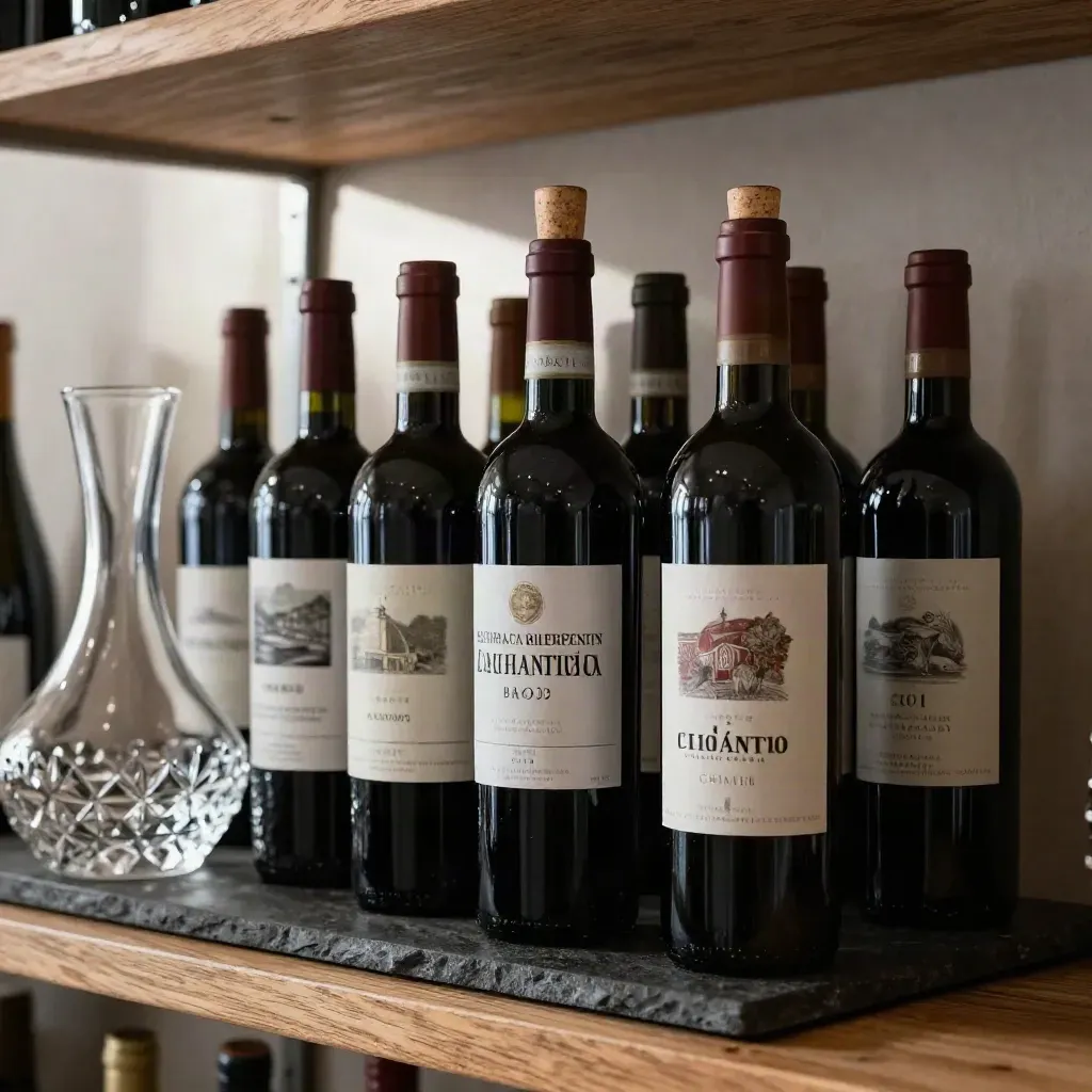Tre bottiglie di vini rossi italiani con decanter e pietra scura in cantina.