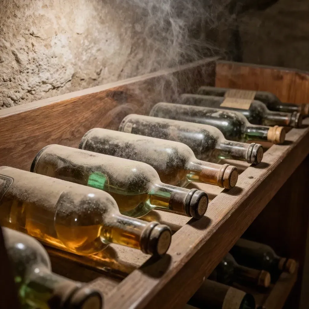 Bottiglie d'annata impolverate su rastrelliera di legno, luce radente in cantina.