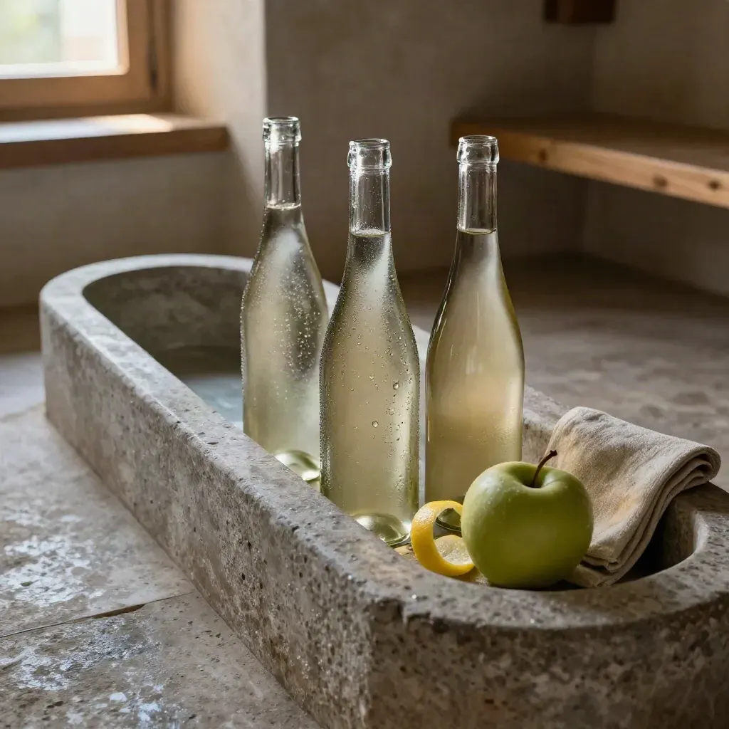 Tre bottiglie di vino bianco in una vasca di pietra calcarea con mela verde e scorza di limone.