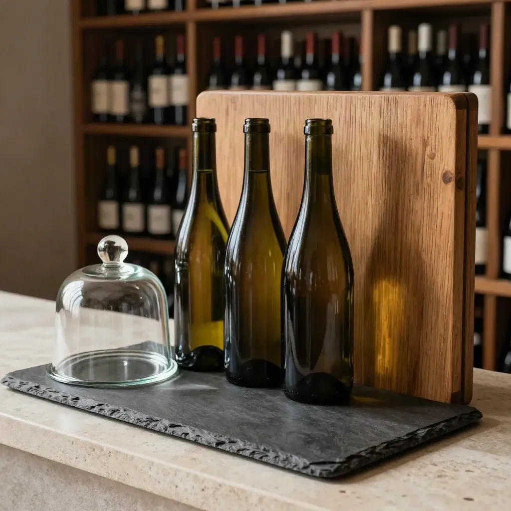 Tre bottiglie di vino, campana per formaggi e tagliere in ardesia su mensola di legno