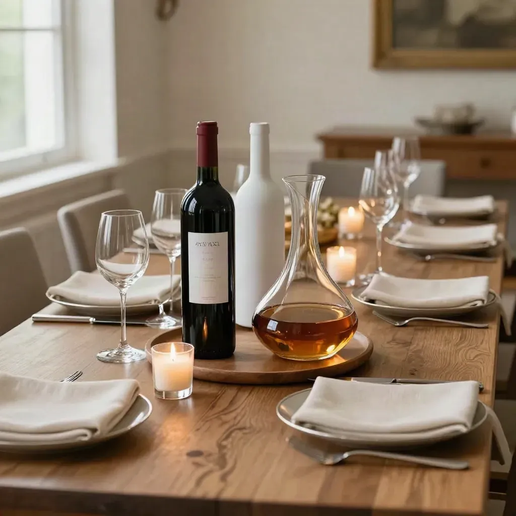 Tavola per cena aziendale con vini abbinati, decanter e calici, luce calda ed elegante.