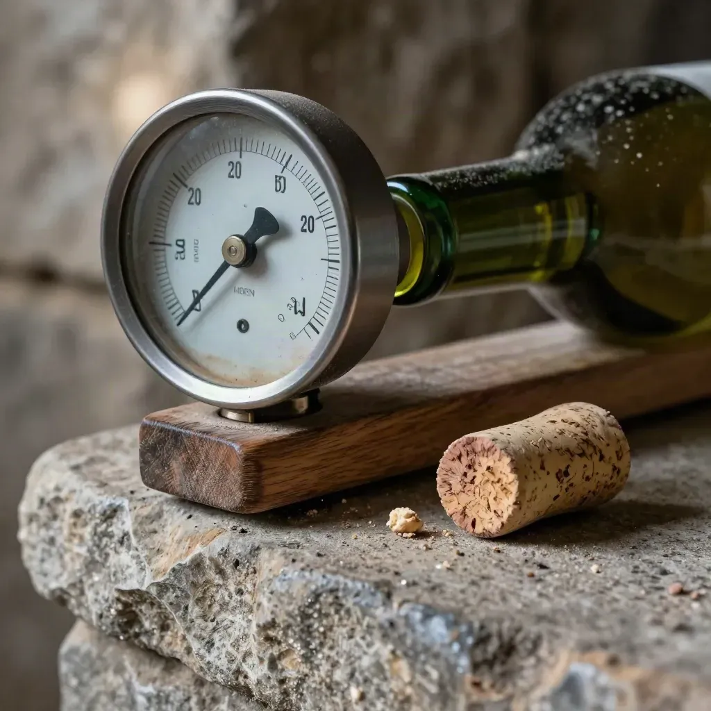 Macro di attrezzi di cantina con misuratore umidità, distanziatore in rovere, collo di bottiglia e sughero.