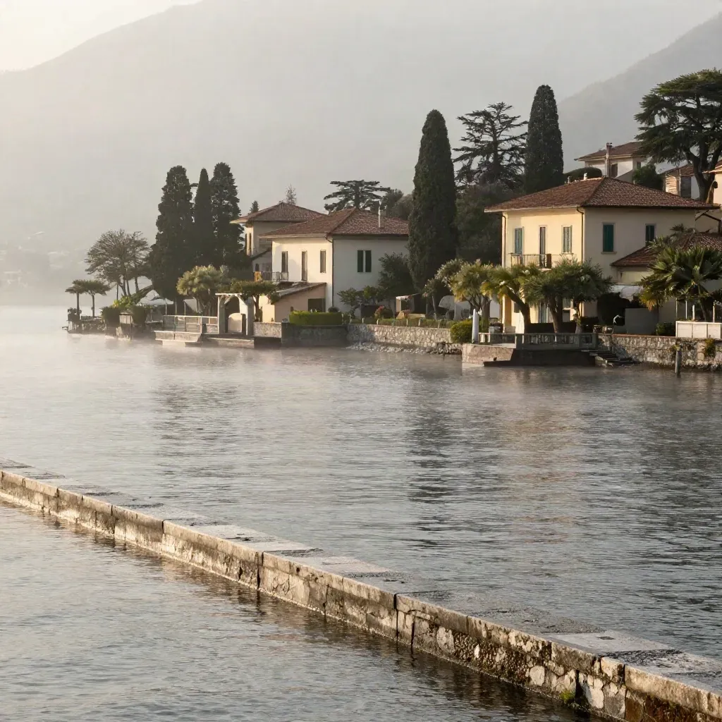 Lago di Como all’alba con ville pallide, cipressi e nebbia sull’acqua