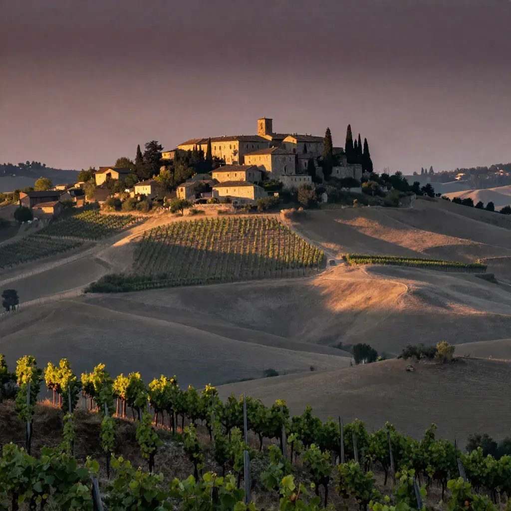 Colline del Piemonte al tramonto con vigneti terrazzati e borgo in cima alla collina.
